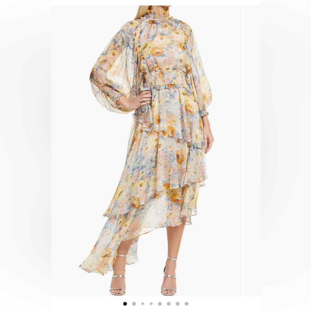REVOLVE Floral Tiered Chiffon Maxi Dress in Pastel Yellow & Blue
